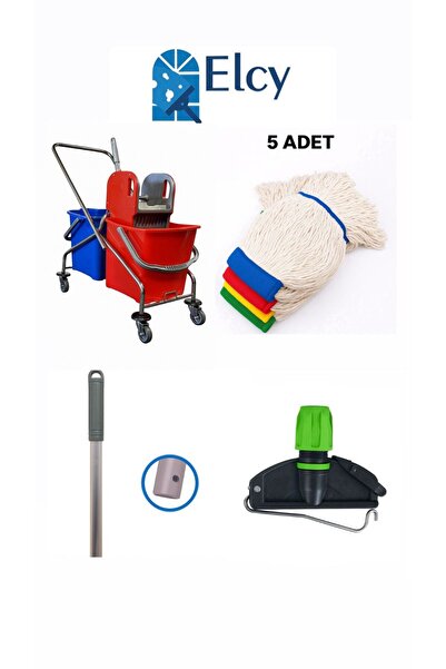 ELCY Çift Kovalı Krom Araba ÖZEL PLASTİK PRESLİ Temizlik Arabası 5 Adet Moplu...