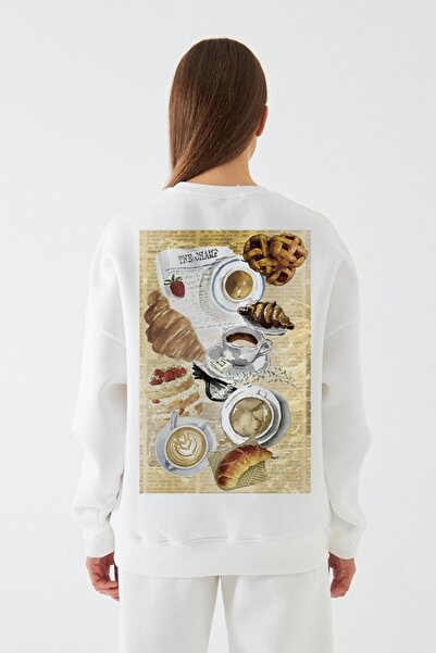 The Champ Clothing سويت شيرت نسائي قصة فضفاضة باريس كوفي جورنال مطبوع أبيض – ...