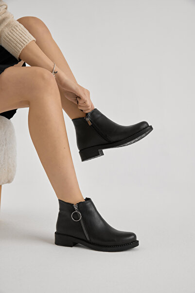 Tonny Black Women's Black Leather Thick Thermo Sole Side Zipper Detailed Boots