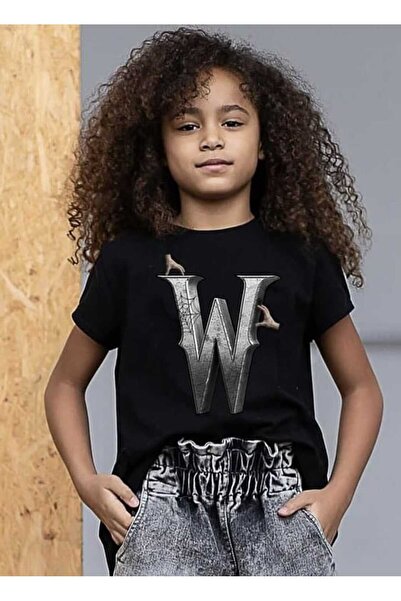 OEM Wednesday cotton T-shirt, rounded hem, longer at back, girls, black, 7-13 years