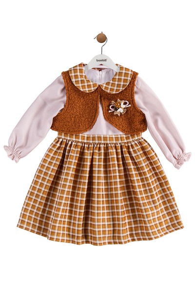 Bombili Brown Plaid Vest Set Piece Clothes Set (9Months-1-1.5-2 Years Old)