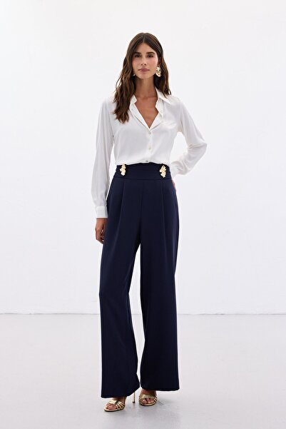 Sateen Bel Aksesuarlı Pantolon - Lacivert