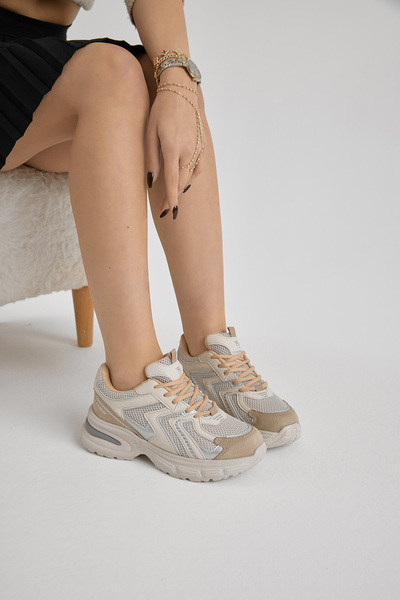 Tonny Black Women's Beige Thick Lightweight Faylon Sole Mesh Detailed Lace-Up Sports Shoes