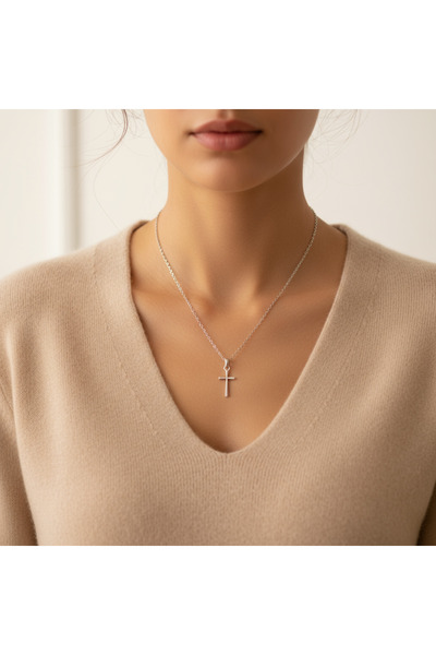 Alooya Mini Haç Gümüş Kaplama Düz Zincir Kolye