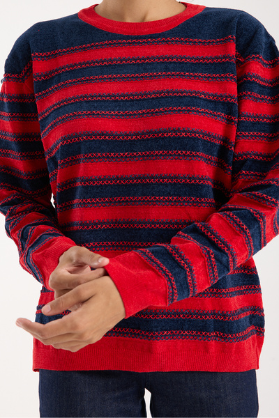 Clothes Fast Women's Navy-Red Striped Cross Contrast Stitching Detailed Chenille Velvet Knitwear Blouse