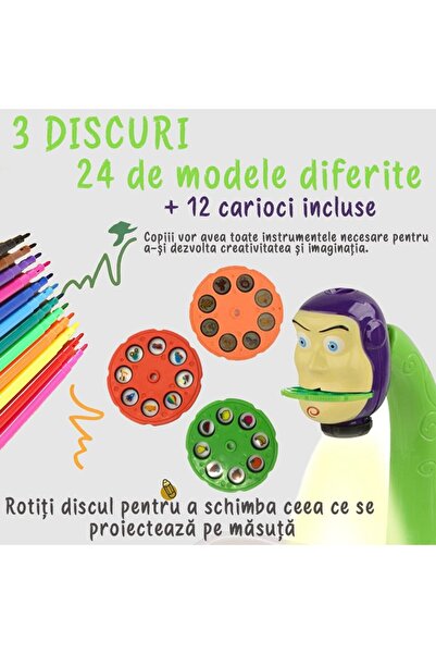 MACVI Tablă de proiector educațională ®, 24 de șabloane, 12 markere, 3 discuri, Toy Story, verde