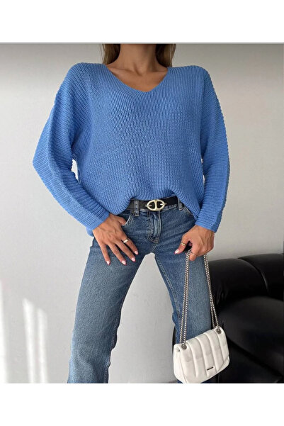 By Kuzey Aras Πλεκτό πουλόβερ με λαιμόκοψη V, φαρδύ πλεκτό πουλόβερ