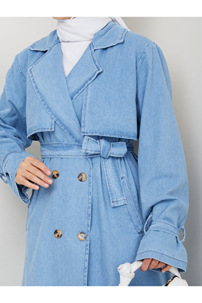 EFSUN MODA KADIN KRUVAZE YAKA DENİM TRENÇKOT UZUN 125 CM KOT KUMAŞ