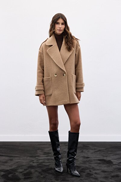 Sateen Palton scurt Buklet - Camel