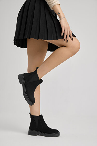 Tonny Black Kadın Siyah Süet Kalın Termo Taban Yanı V Lastikli Bot