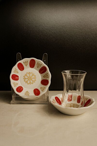 Tercih Home Melamin Kırmızı Altın Yaldızlı Kırılmaz Geleneksel kahveci Çay Tabağı 6 ADET