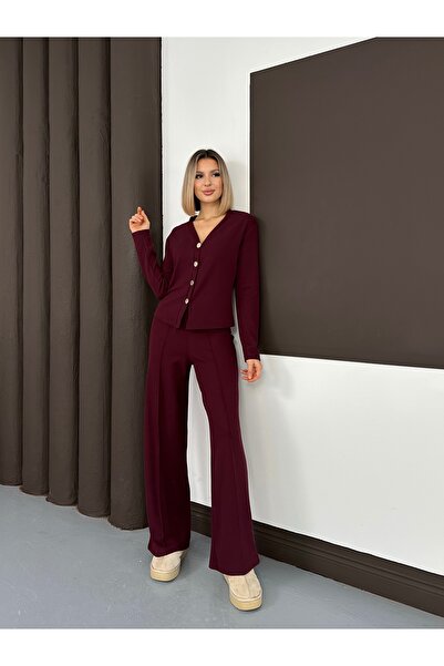 MODAMERSİ Women's Burgundy Gold Buttoned Thessaloniki Fabric Top and Bottom Set