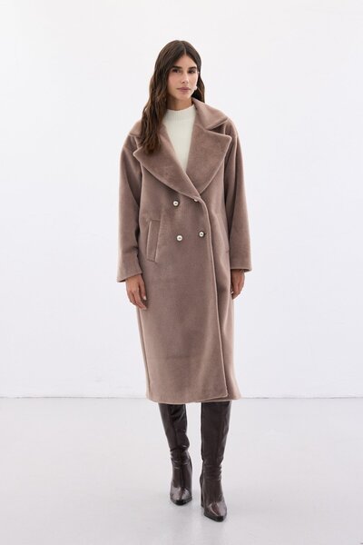 Sateen Düğme Detaylı Uzun Kaban - Vizon