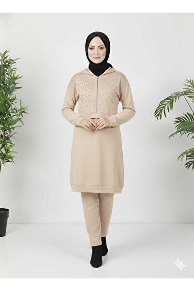 KMKkombin Women's New Season Stone-Collared Pants with Half Zipper K Hooded T...