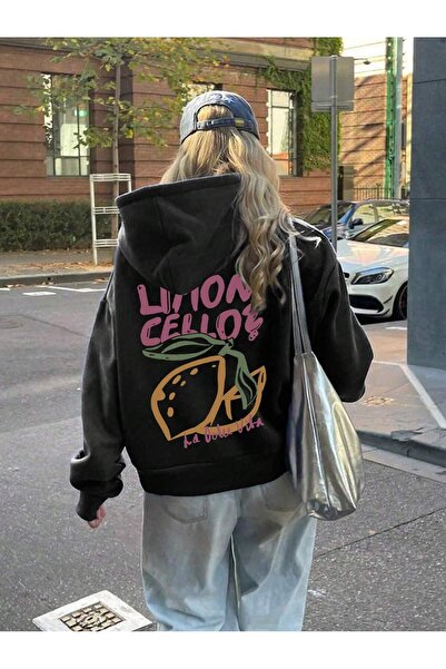 ZEMLİYA هودي جرافيك مطبوع بقصة فضفاضة ومبطنة حراريًا بغطاء رأس بثلاثة خيوط