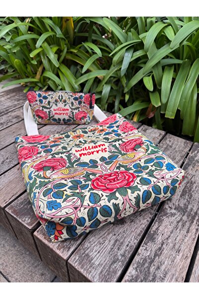 pamukcanta William Morris Kanvas Bez Çanta& Makyaj Çantası Yıkanabilir Metal Çıtçıtlı Cepli (2'li Set)