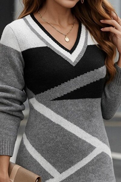 Mossta V-Neck Mini Knit Dress - Gray