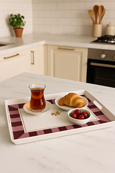 MAKRİ HOME Çizgili Desenli Servis Tepsisi 38x28x3,5 cm, Bordo