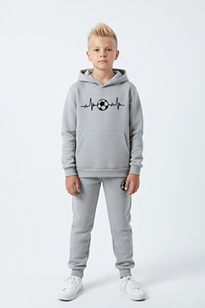 FYK KİDS 3 İplik Ş Fleece-Lined Winter Pulse Football B Printed Kangaroo Pocket K Hooded Boys' Tracksuit Set