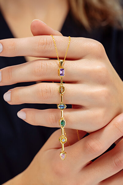 OSMANLI GÜMÜŞ Kadın Renkli Taşlı Altın Kaplama Zarif 925 Ayar Gümüş Kolye