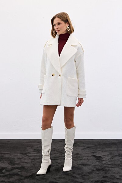 Sateen Μπουκλέτ κοντό παλτό - Εκρού