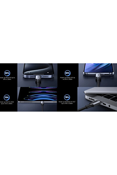 Ugreen USB-C 60W 3A QC PD Örgülü Hızlı Şarj Kablosu, 1 Metre, Siyah, 15373