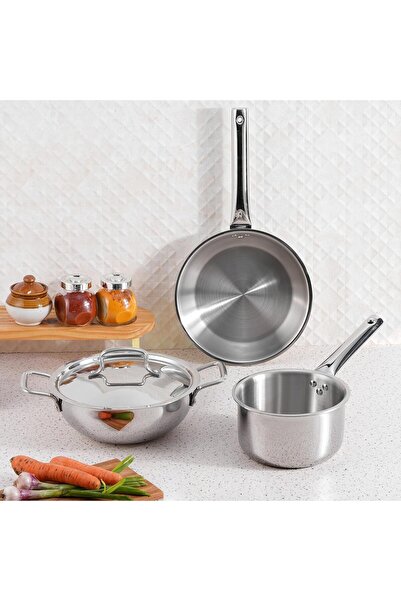 Vinod Platinum Triply Stainless Steel Cookware Set - 4 pcs (Kadai 24cm, Frypan 24cm, Saucepan 16cm)
