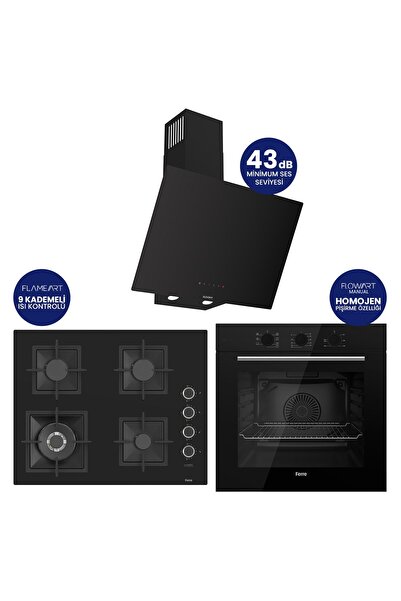 Ferre Flowart Turbolu Silentart Siyah Cam Ankastre Set ( 65 CM Woklu OCAK ) Q...