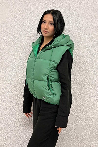 MİSSKAYLE Hood Detailed Puffer Vest Green