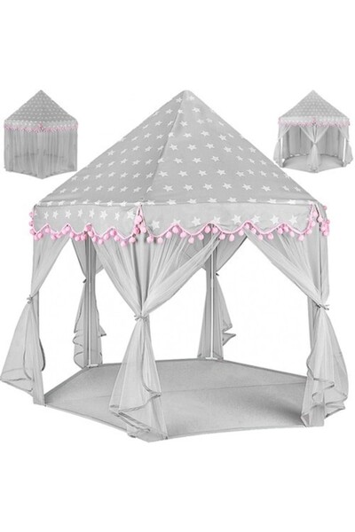 varioshop Cort de joacă pentru copii, capac conic, perdele transparente, 123x123x140 cm, roz/gri