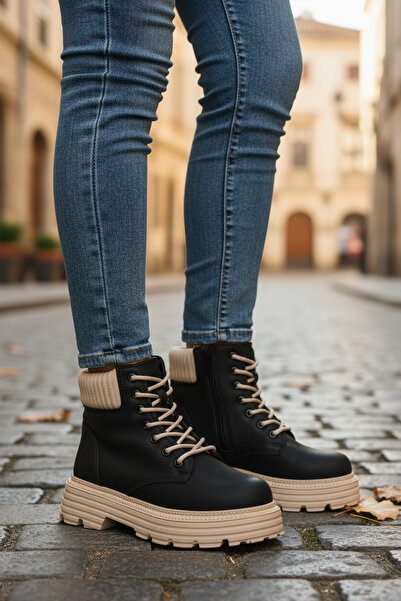 AYK'S Μαύρο-μπεζ γυναικείες μπότες με φλις εσωτερικά και φερμουάρ Serpa 5200 Z