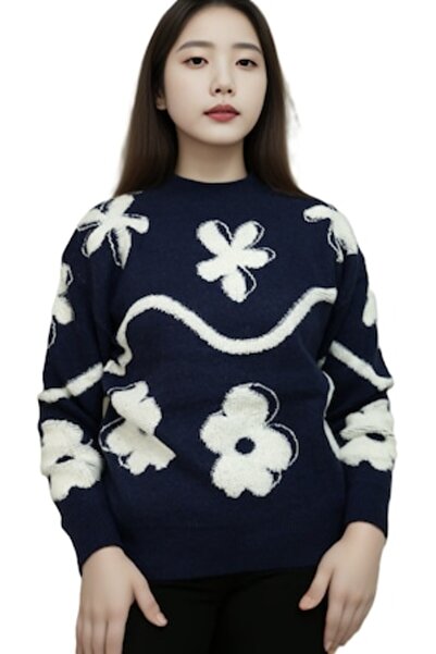 OEM Pulover bleumarin pentru femei cu imprimeu floral alb, design modern, mărime unică