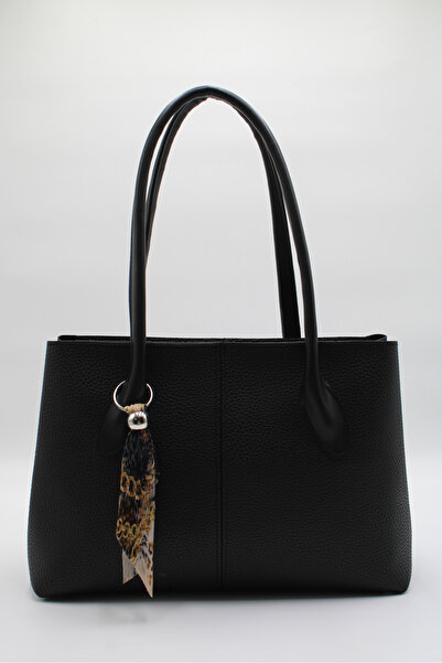 LASSO Kadın Siyah Charm Detaylı Büyük Boy Fermuarlı İç Cepli El, Kol ve Omuz Çantası