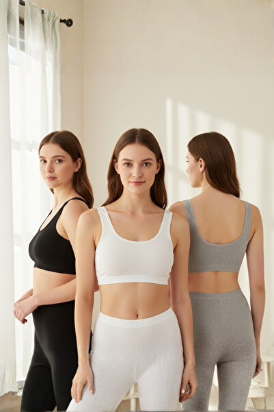 underwear bodyway 5'li Set Fitilli Kalın Askılı Pedli Büstiyer Seti Siyah Beyaz Gri Crop Bralet