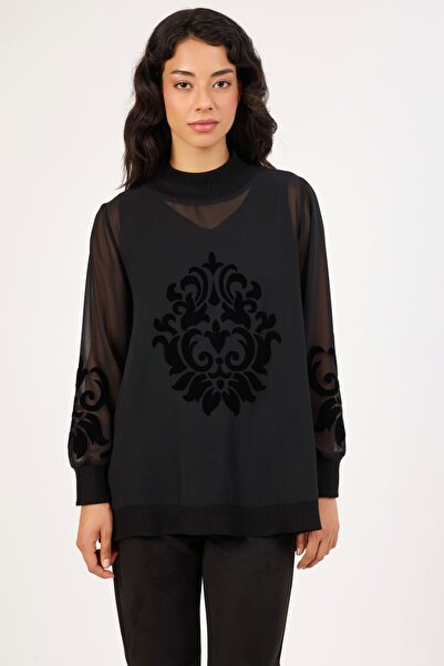 FEVER Önü flok baskılı siyah bluz