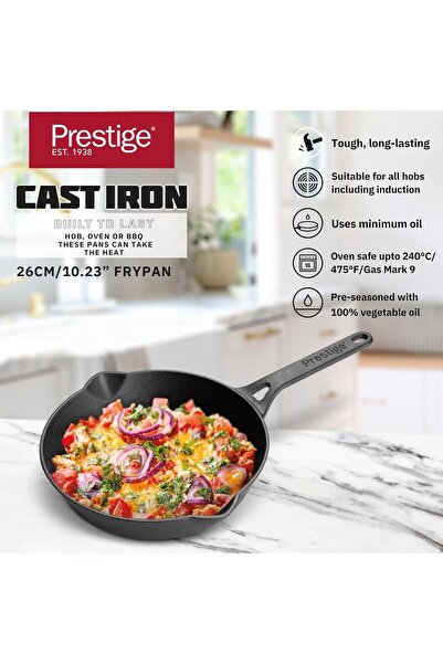 Prestige 22 cm Cast Iron Frying Pan (Induction Compatible) PR48902 - Black
