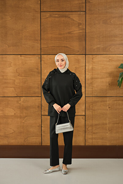 LOCCO Kadın Omuz Taş Detay Kapüşonlu Takım Siyah