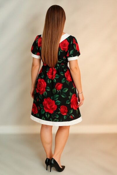 OEM Elegant Dress with Roses and White Collar S-M-L (INTL)