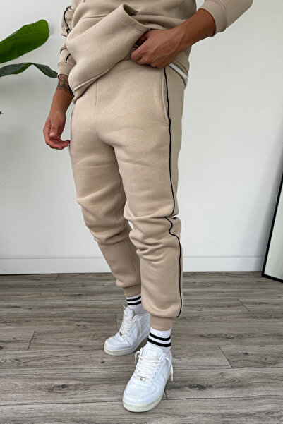 Tarz Cool Men's Hooded Kangaroo Pocket Piped Bottom Top Set Beige