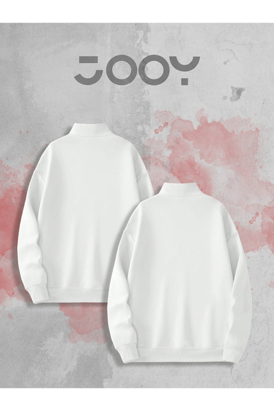 Jooy Love Baskılı Yarım Fermuarlı Sweatshirt Sevgili Çift Kombini Beyaz 2'li Set