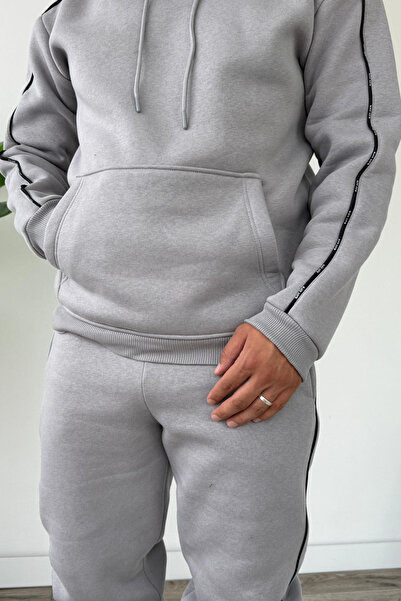 Tarz Cool Ανδρικό κοστούμι με κουκούλα τσέπες καγκουρό με ρέλι στο κάτω μέρος και στο επάνω μέρος γκρι