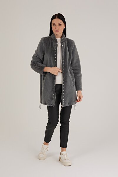 Jupe Kadın Taş Detaylı Fermuarlı Kaşe Kürk 9274