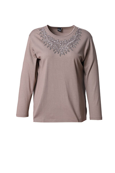 Trikolay Büyük Beden Kadın Yakası Taş Detaylı Uzun Kollu Penye Bluz