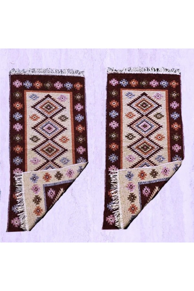 OEM 1+1 Traditional woven rug, double-sided, 60x90 cm, brown and cream, ROMB pattern