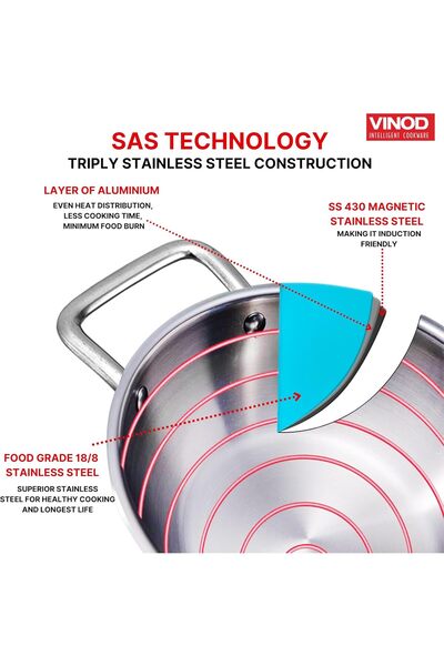 Vinod Platinum Triply Stainless Steel Cookware Set - 4 pcs (Kadai 24cm, Frypan 24cm, Saucepan 16cm)