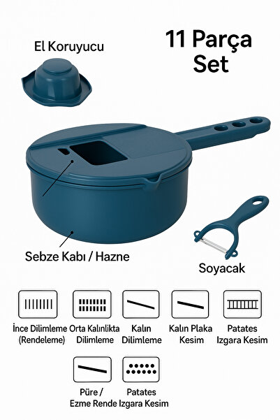 Shiney Aksesuar 11 Parça Çok Fonksiyonlu Sebze Rende Seti – El Koruyuculu, Soyacaklı, Farklı Bıçak Başlıklarıyla