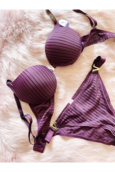BUTİK SAKURA Women's V Stone Plum-Purple Color Push-Up Bra Set