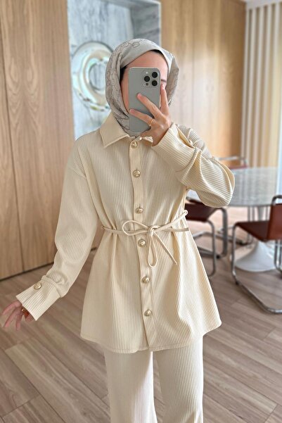 Ka Hijab Corded Fabric Sets with Gold Button Detail - Beige