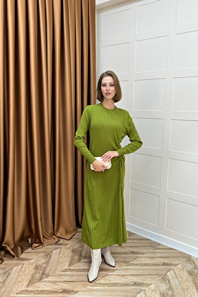 Stilife Yandan Büzgülü Triko Elbise Yağ Yeşili