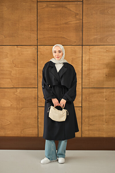 LOCCO Kadın Önü Parça Detaylı Trenç Lacivert